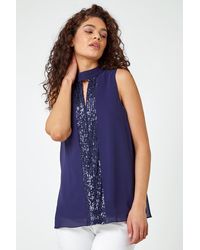 Roman - Sleeveless High Neck Sequin Chiffon Top - Lyst