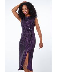 Roman Petite - Ruched Glitter Midi Dress - Lyst