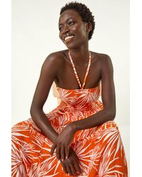 Roman - Leaf Print Shirred Bandeau Midi Dress - Lyst