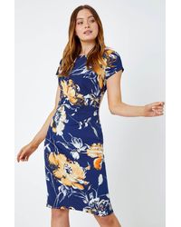 Roman - Fitted Textured Floral Print Ruched Dress - Lyst