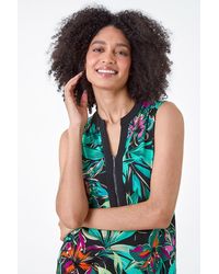 Roman - Sleeveless V-Neck Tropical Print Zip Top - Lyst