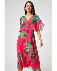 Roman - Floral Print Frill Cape Wrap Dress - Lyst