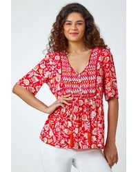 Roman - Floral Border Tie V-Neck Smock Top - Lyst
