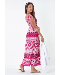 Roman - Aztec Shirred Bardot Maxi Dress - Lyst