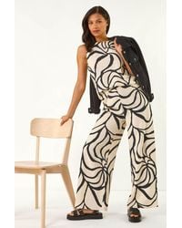 Roman - Mono Floral Palm Print Wide Leg Trouser - Lyst