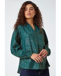 Roman - Metallic Spot Print V-Neck Pleat Detail Top - Lyst