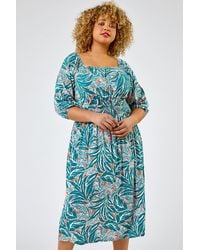 Roman Curve - Palm Leaf Print Shirred Midi Dress - Lyst