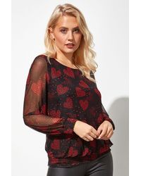 Roman - Heart Print Mesh Sleeve Bubble Hem Top - Lyst