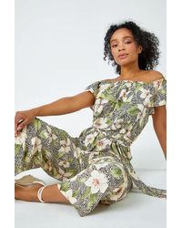 Roman - Petite Floral Print Bardot Jumpsuit - Lyst