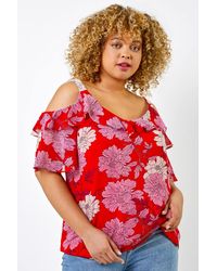 Roman Curve - Floral Cold Shoulder Chiffon Frill Detail Top - Lyst