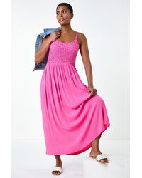 Roman - Lace Bodice Shirred Midi Dress - Lyst