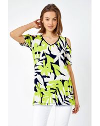 Roman - Leaf Print V-Neck Cold Shoulder Top - Lyst