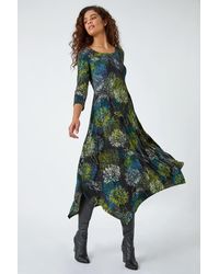 Roman - Floral Hanky Hem Stretch Midi Dress - Lyst