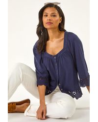 Roman - Button Broderie Stretch Blouse - Lyst