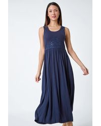 Roman - Cotton Blend Lace Detail Midi Dress - Lyst