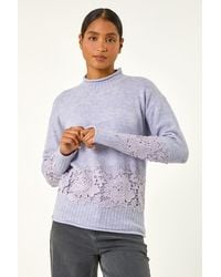Roman - Lace Detail High Neck Knit Jumper - Lyst