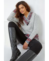 Roman - Nordic Print Button Detail V-Neck Jumper - Lyst