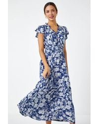 Roman - Floral Print Frill Detail Midi Dress - Lyst