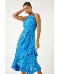 Roman - Spot Print Frill Hem Halter Dress - Lyst