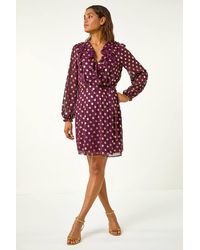 Roman - Foil Print V-Neck Fit & Flare Ruffle Dress - Lyst
