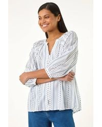 Roman - Dobby Stripe Print V-Neck Blouse - Lyst