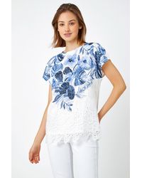 Roman - Floral Print Lace Trim Stretch T-Shirt - Lyst