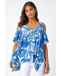 Roman - Paisley Hanky Hem V-Neck Cold Shoulder Top - Lyst