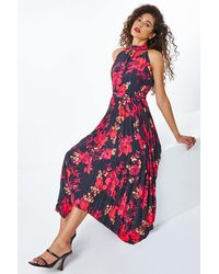 Roman - Floral Pleated Halter Neck Midi Dress - Lyst