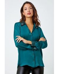 Roman - Sequin Trim Satin Stretch Shirt - Lyst