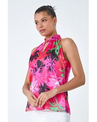 Roman - Floral High Neck Keyhole Detail Top - Lyst