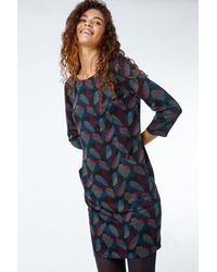 Roman - Leaf Print Pocket Shift Dress - Lyst