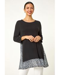 Roman - Animal Print Contrast Mesh Hem Stretch Top - Lyst