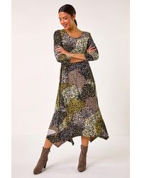 Roman - Animal Print Hanky Hem Midi Dress - Lyst