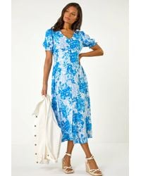 Roman - Button Through Floral Shirred Midi Dress - Lyst