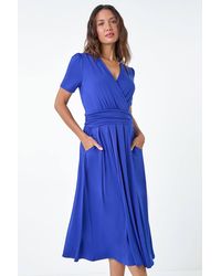 Roman - Gathered Stretch Wrap Midi Dress - Lyst