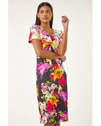 Roman - Floral Print Twist V-Neck Stretch Dress - Lyst