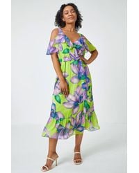Roman Petite - Floral Cold Shoulder Chiffon Midi Dress - Lyst