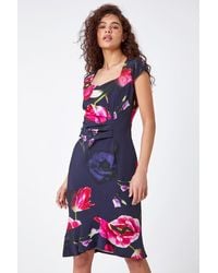 Roman - Floral Frill Premium Stretch Ruched Dress - Lyst