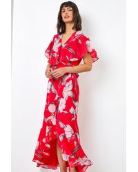 Roman - Floral Print Chiffon Frill Cape Midi Dress - Lyst