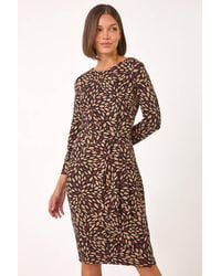 Roman - Leaf Print Side Twist Stretch Midi Dress - Lyst