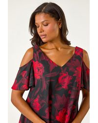 Roman - Floral Print Cold Shoulder Asymmetric Top - Lyst