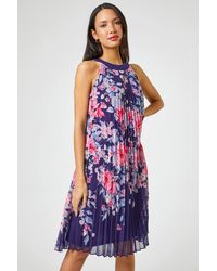 Roman - Floral High Neck Pleated Chiffon Swing Dress - Lyst