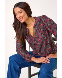 Roman - Floral Print Tie Neck Stretch Top - Lyst
