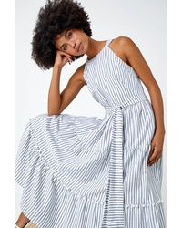 Roman - Tiered Cotton Halter Neck Stripe Dress - Lyst