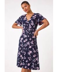 Roman - Floral Print Wrap Over Midi Dress - Lyst