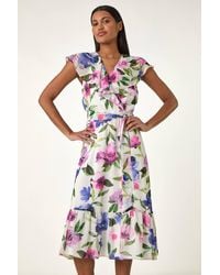 Roman - Floral Frill Wrap Midi Dress - Lyst