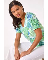Roman - Leaf Print V-Neck Burnout Blouse - Lyst