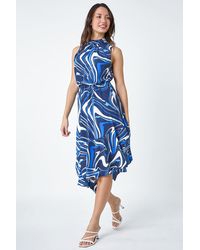 Roman - Sleeveless Swirl Print Asymmetric Midi Dress - Lyst