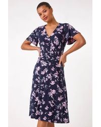 Roman - Floral Print Wrap Over Midi Dress - Lyst
