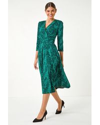 Roman - Animal Print Mock Wrap Midi Dress - Lyst